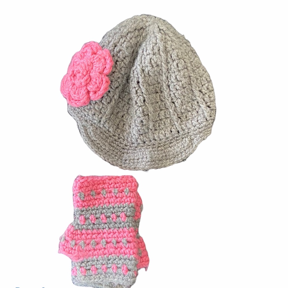 Girls Crochet Open Knit Hat & Mittens Gloves Sz 6-10yrs Casual Cozy Cottagecore